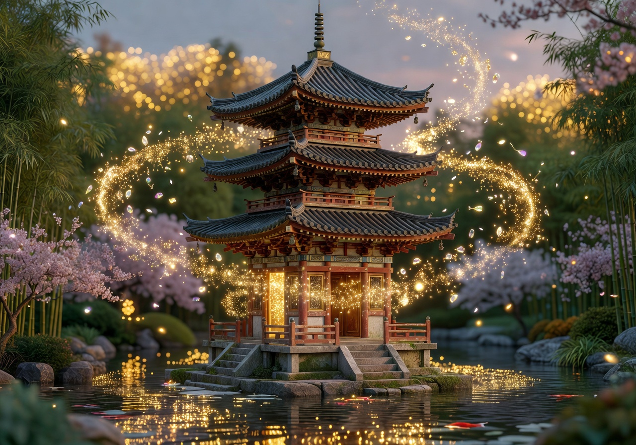 A magical pagoda surrounded by golden sparkling lights