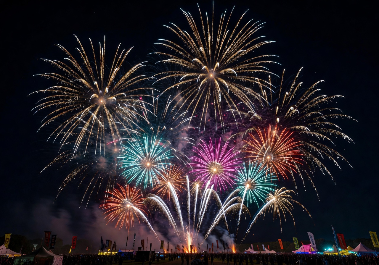 Beautiful colorful fireworks displaying in the dark festival night sky