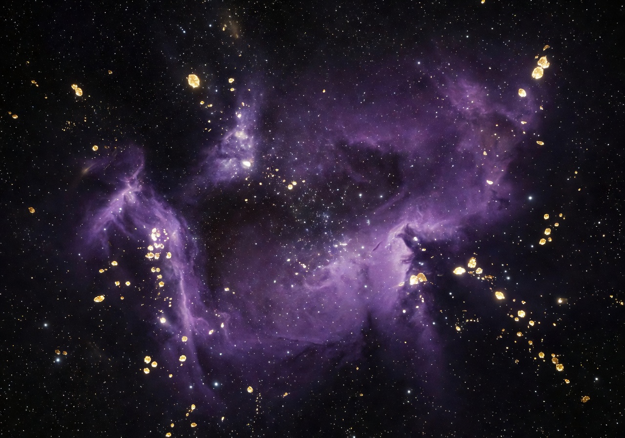 Cosmic purple nebula and starry sky mixed with gold floating lantern particles