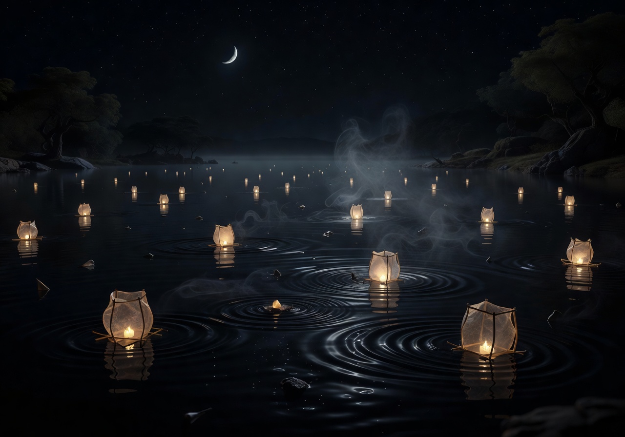 Deep mystical midnight lake with water lanterns floating